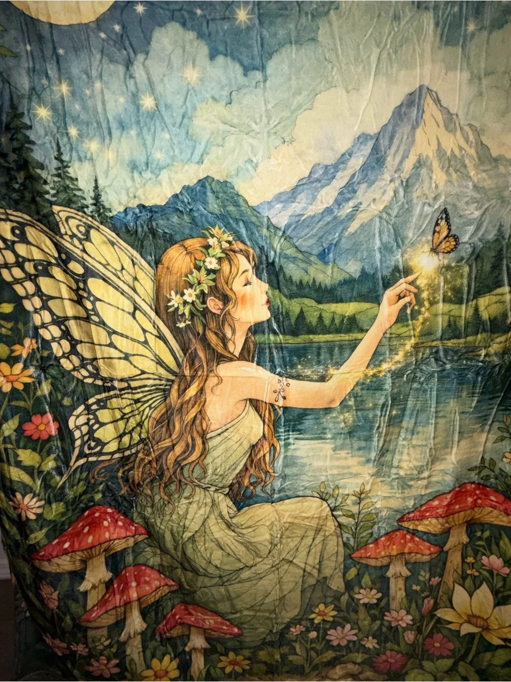 NEW Velveteen Fairy Throw Blanket 50x60 Butterfly Moon Mountain Cottagecore